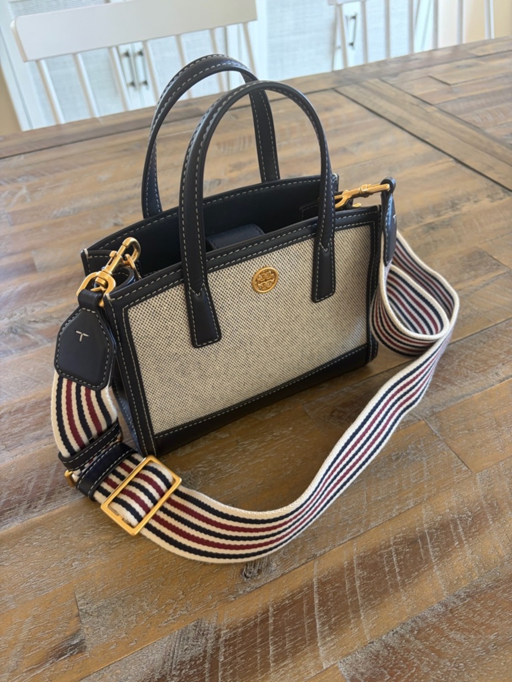 Tory Burch Black and Cream Canvas Mini Satchel with Striped Strapy